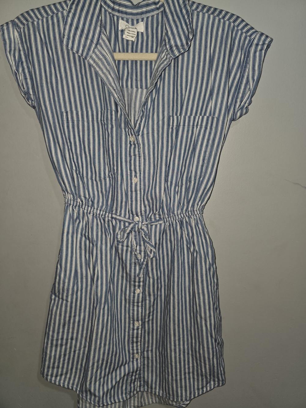 Japna Striped Retro Button-Front Shirt Dress with Drawstring Waist/Pockets